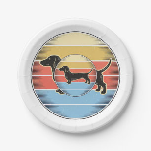 Prato De Papel Camisa de cachorro vintage dachshund pôr do sol re