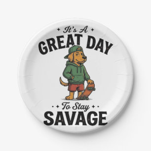 Prato De Papel Camiseta com Desenho de Gravura Vintage Savage Dog