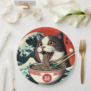 Prato De Papel Camiseta Estilo Vintage de Arte Japonês Cat Ramen