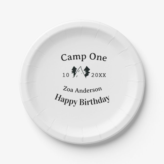 Prato De Papel Camp one happy birthday name date campingadventure (Frente)