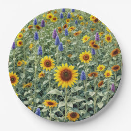 Prato De Papel Campo de Verão de Girassóis e Flores Silvestres