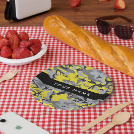 Prato De Papel Camuflagem Amarela e Cinza Seu nome Personaliza