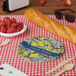 Prato De Papel Camuflagem Amarela e Cinza Seu nome Personaliza