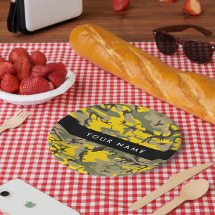 Prato De Papel Camuflagem Amarela e Verde Personalize seu nome