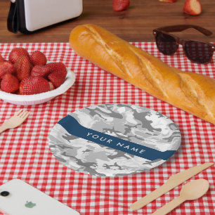 Prato De Papel Camuflagem Cinza Neve de Inverno Personalize seu n