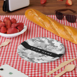 Prato De Papel Camuflagem Cinza Neve de Inverno Personalize seu n