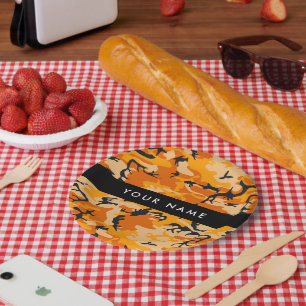 Prato De Papel Camuflagem Laranja Seu nome Personaliza