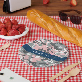 Prato De Papel Camuflagem rosa e Cinza Seu nome Personaliza