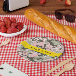 Prato De Papel Camuflagem rosa e verde Seu nome personaliza