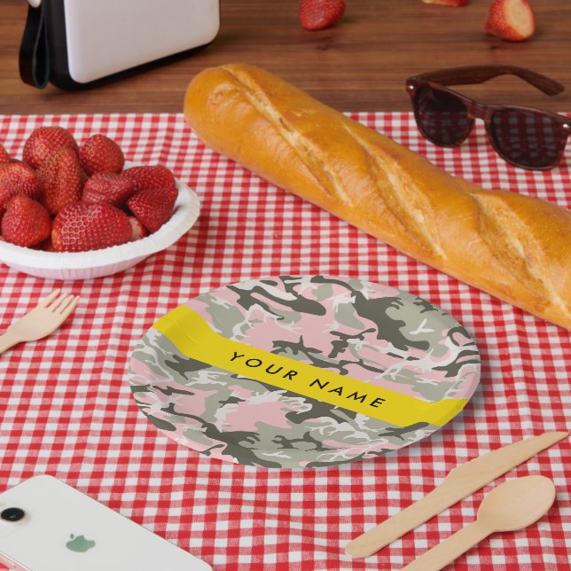Prato De Papel Camuflagem rosa e verde Seu nome personaliza (Piquenique)