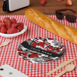 Prato De Papel Camuflagem Vermelha e Cinza Seu nome Personaliza