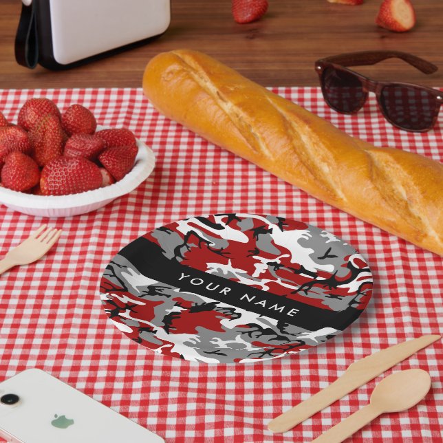 Prato De Papel Camuflagem Vermelha e Cinza Seu nome Personaliza (Piquenique)