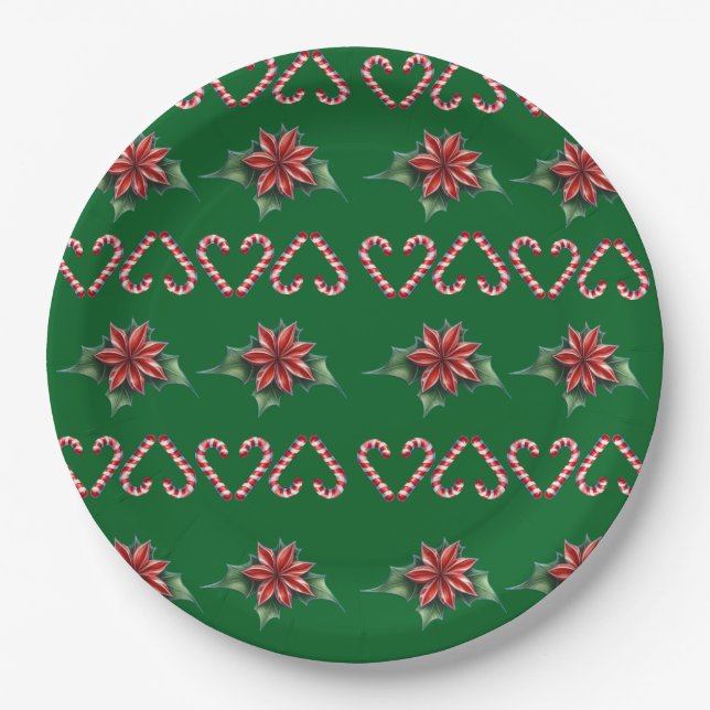 Prato De Papel Candy Cane Heart and Holly Pattern – Festive Chris (Frente)