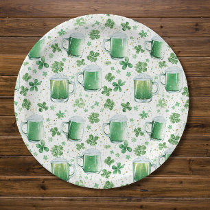Prato De Papel Canecas de Cerveja Verde Elegantes e Trevos Branco