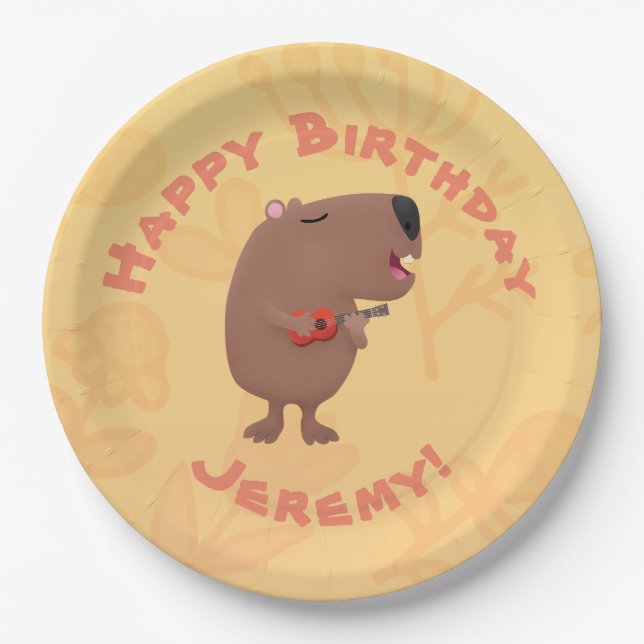 Prato De Papel Cantando capybara personalizada tira de aniversári (Frente)