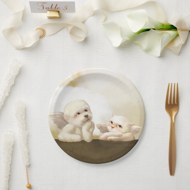 Prato De Papel Cão Angélico e Gato na Nuvem (Casamento)