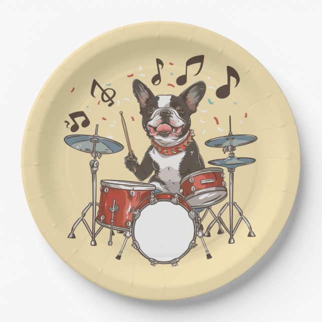 Prato De Papel Cão Boston Terrier Tocando Bateria (Frente)