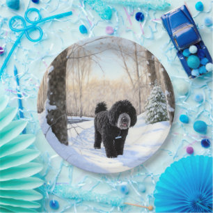 Prato De Papel Cão de Água Português Deixa-o nevar no Natal