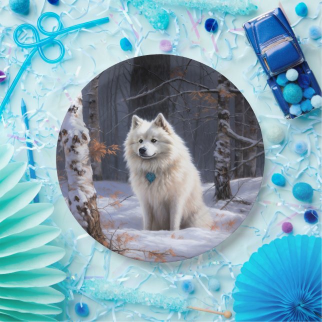 Prato De Papel Cão Esquimó Americano Natal Neve Caindo (Festa)