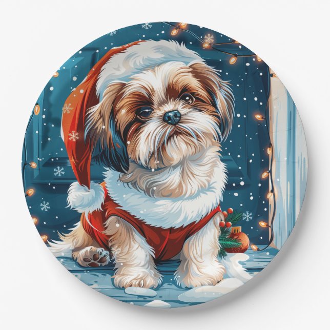 Prato De Papel Cão Papais noeis Shih Tzu de Natal (Frente)