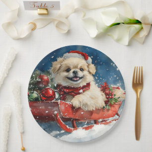 Prato De Papel Cão Pequinês no Trenó Deixe Nevar Natal