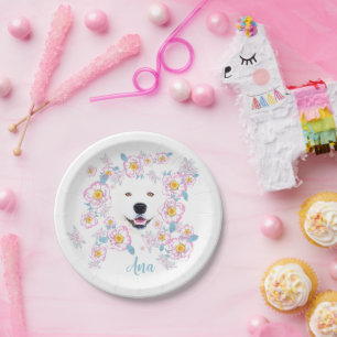 Prato De Papel Cão Samoyed e flores cor-de-rosa, nome personaliza