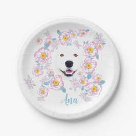 Prato De Papel Cão Samoyed e flores cor-de-rosa, nome personaliza