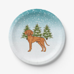 Prato De Papel Cão Vizsla Húngaro Floresta Invernal Nevada Festiv