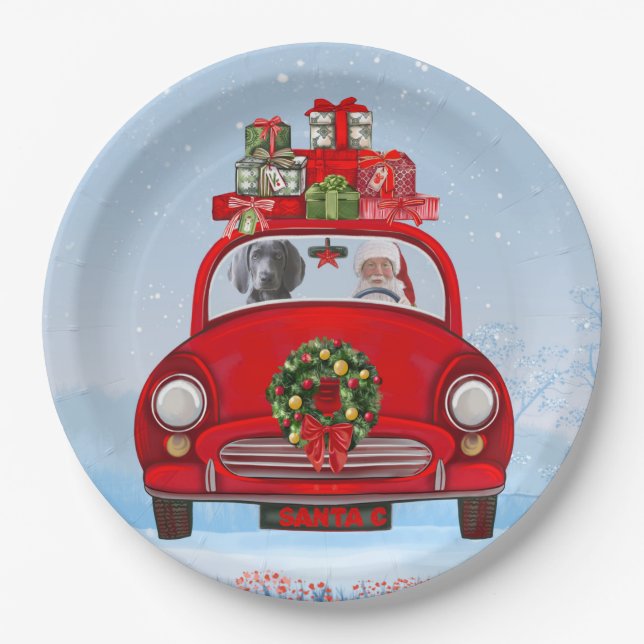 Prato De Papel Cão Weimaraner no carro com Papai Noel (Frente)