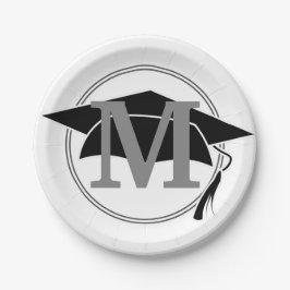 Prato De Papel Capelo de Graduação Preto e Branco Moderno Monogra