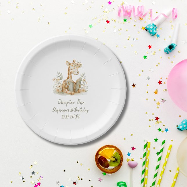 Prato De Papel Capítulo Um Girafa com Livro  Festa de Aniversário (Criador carregado)