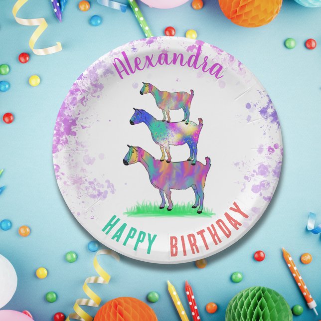 Prato De Papel Caprinos Festa de aniversário personalizada (Cute goat farm animal themed birthday party colorful watercolor animal art)