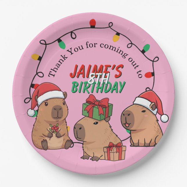 Prato De Papel Capybara Pink Christmas Holiday Birthday (Frente)