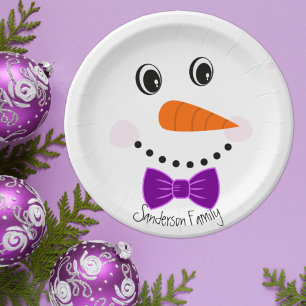 Prato De Papel Cara Feliz Personalizado Snowman Purple Bowtie
