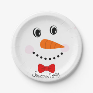 Prato De Papel Cara Feliz Personalizado Snowman Red Bowtie