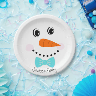 Prato De Papel Cara Feliz Personalizado Snowman Teal Blue Bowtie