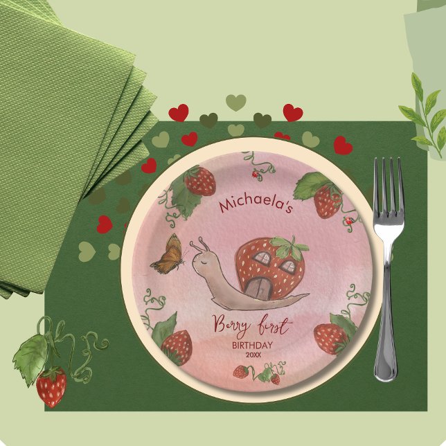 Prato De Papel Caracol e Morango do 'Berry First' Napkins (Snail & Strawberry 'Berry First' Party Napkins Paper Plates)