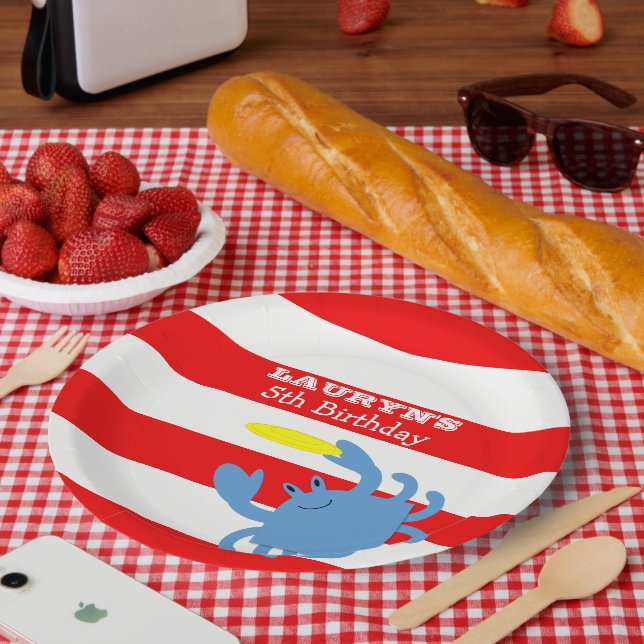 Prato De Papel Caranguejo Azul Náutico Vermelho Personalizado (Piquenique)