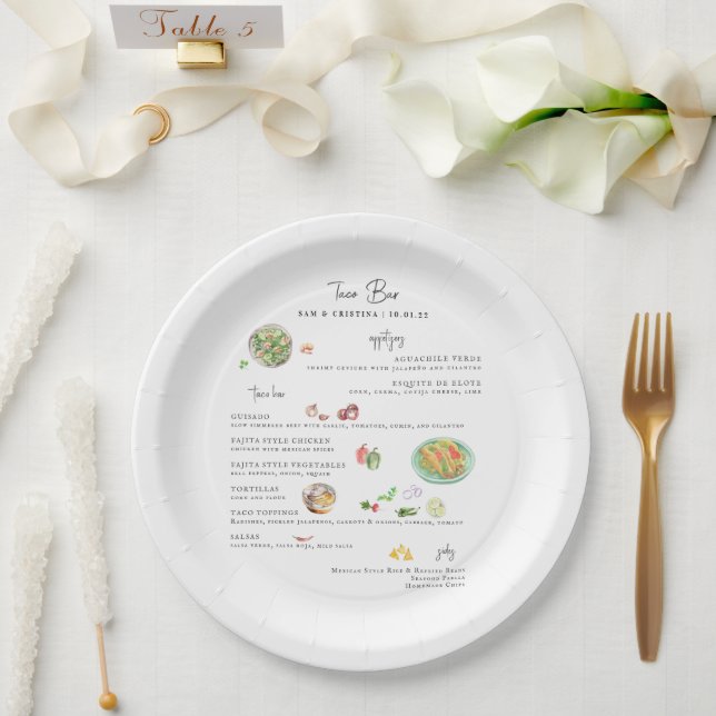 Prato De Papel Cardápio de Casamento Ilustrado e Personalizado |  (Casamento)