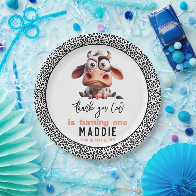 Prato De Papel Caricaturas da vaca, sou um primeiro aniversario d (Festa)