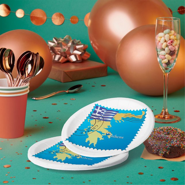 Prato De Papel Carimbo da Grécia de Atenas Bandeira e Mapa grego (Criador carregado)