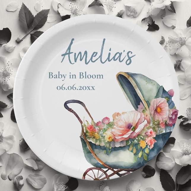Prato De Papel Carrinho de Bebê Antigo Chá de Bebê Personalizado (it's a boy! Baby in bloom baby shower plates. Personalized for your dream celebration)