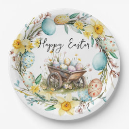 Prato De Papel Carrinho de madeira com ovos decorativos Páscoa fl