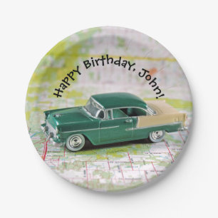 Prato De Papel carro 1955 retro no aniversário do mapa de