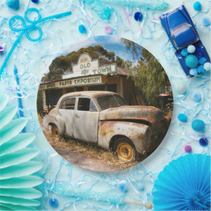 Prato De Papel Carro vintage E Garagem, Placas De Papel