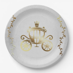 Prato De Papel Carruagem de Ouro Elegante História em Branco Real