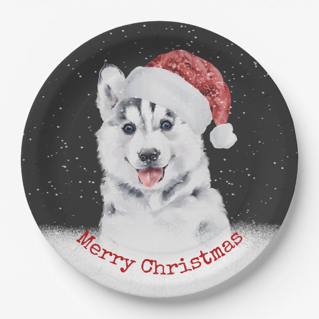 Prato De Papel Cartão de Husky de Natal em Flocos de Neve (Frente)