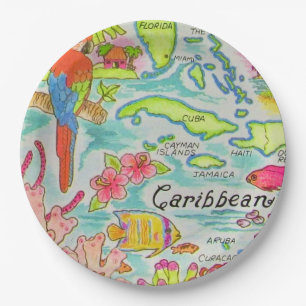 Prato De Papel Cartão postal do mapa da ilha do Caribe