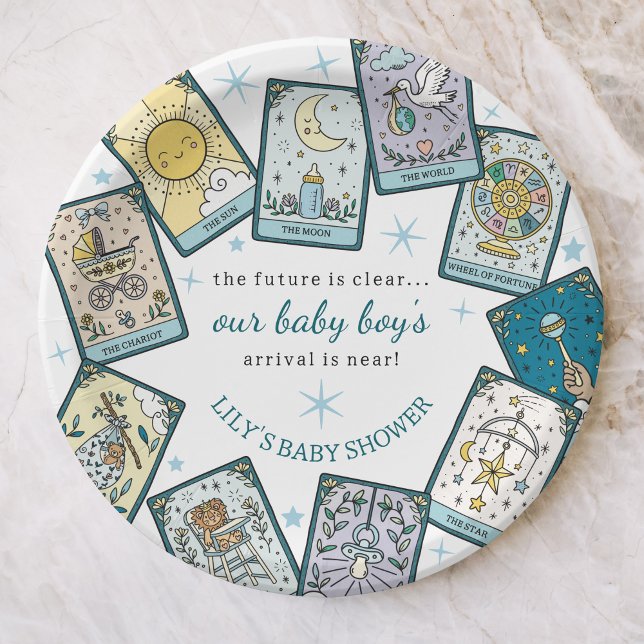 Prato De Papel Cartões de Tarot para Chá de Bebê Menino Previsão  (Criador carregado)