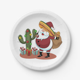 Prato De Papel Cartoon cactus e Papai Noel vestindo um sombrero